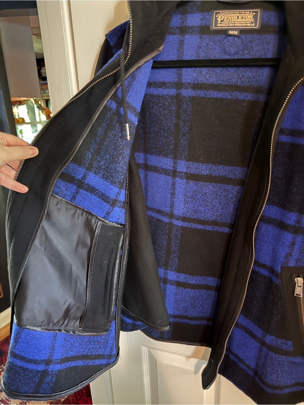 Pendleton Wool-Blend Black & Royal Blue Plaid Hooded Zip Cape - Picture 4 of 9